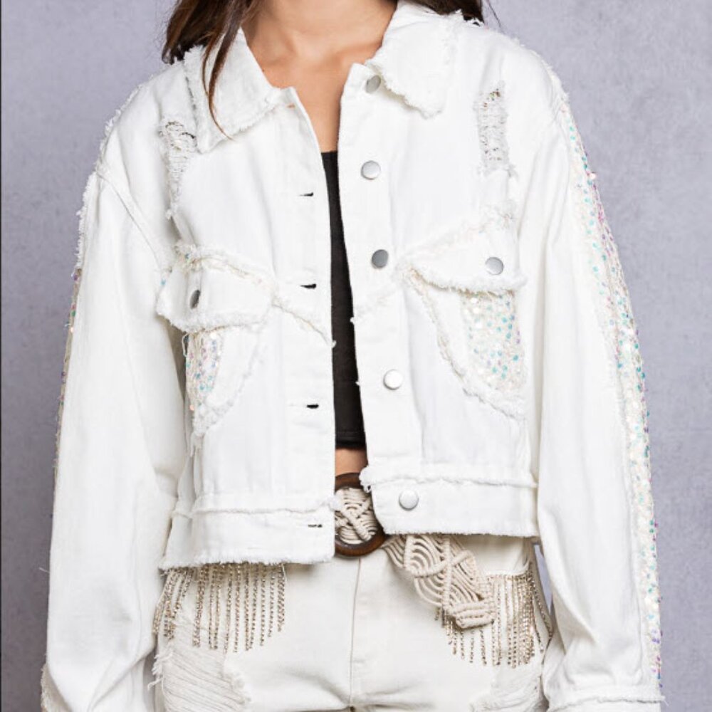 Distressed Denim Jacket with Sequined Details